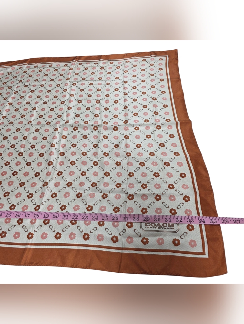Coach Women's Scarf with Floral Print in Brown and Cream, Silk-Effect - Picture 10 of 13